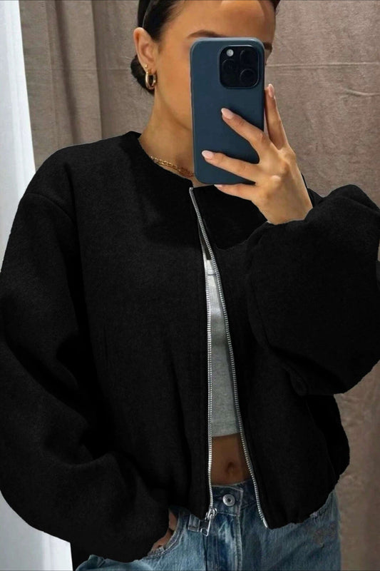 Soft Round-Neck Zip Bomber Jacket