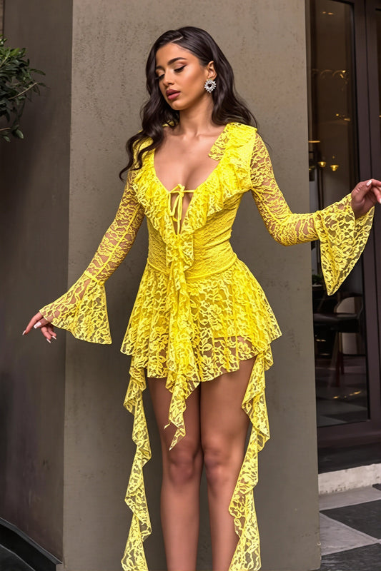 Solid Lace Splice Ruffle Mini Dress