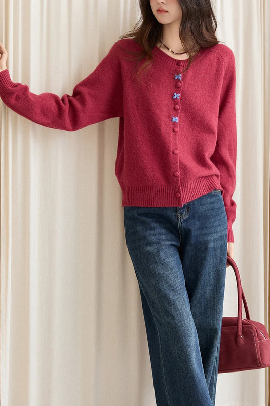 Round Neck Embroidered Buckle Christmas Cardigan