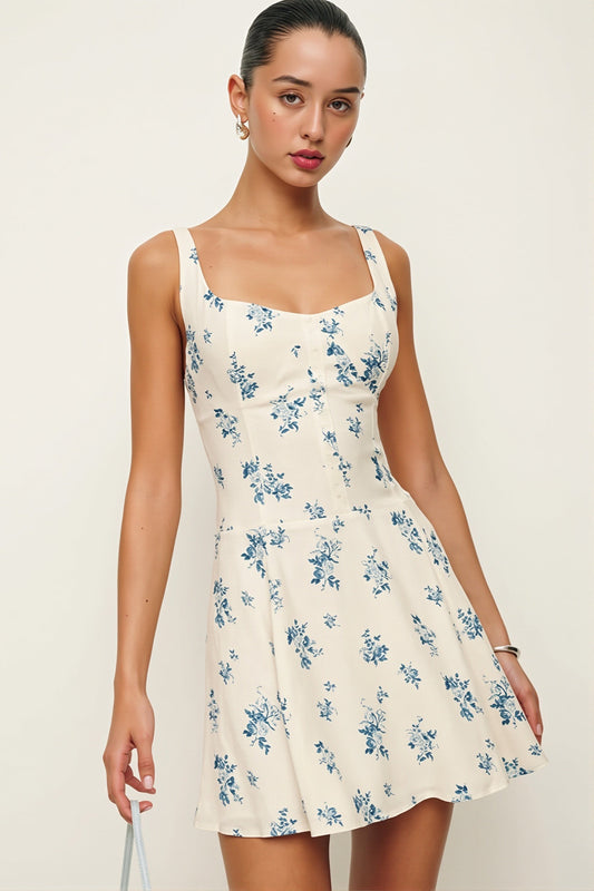Floral Square Neck A Line Mini Dress