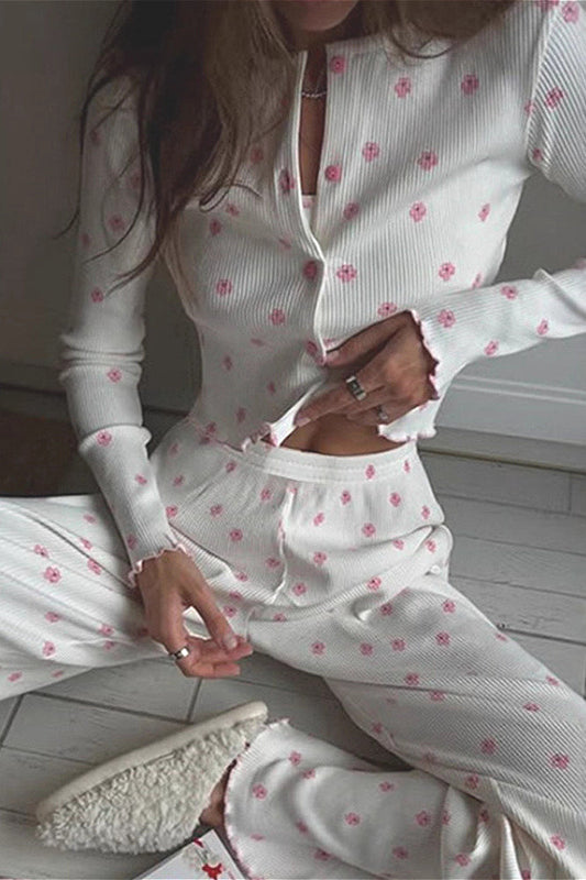 Ruffled Floral Long Sleeve Pants Loungewear Two Piece Set