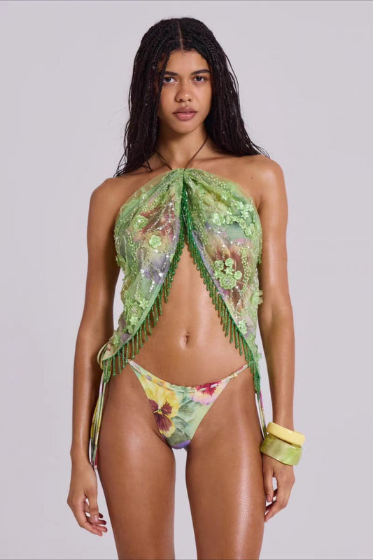 Floral Bead Sequin Three Piece Swim Set
