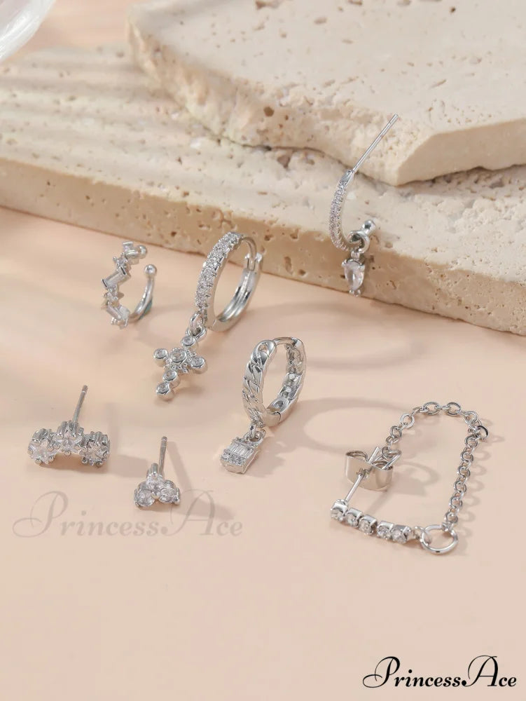 7pcs Cubic Zirconia Decor Earring Silver / one-size
