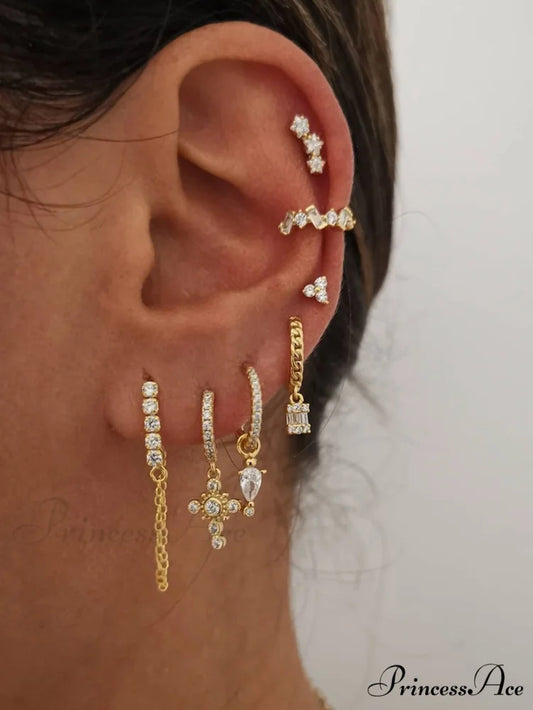 7pcs Cubic Zirconia Decor Earring Yellow Gold / one-size