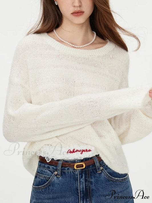 8.7% Wool Circular Neck Dropped Sleeve Pullover Beige / S swraters-241228