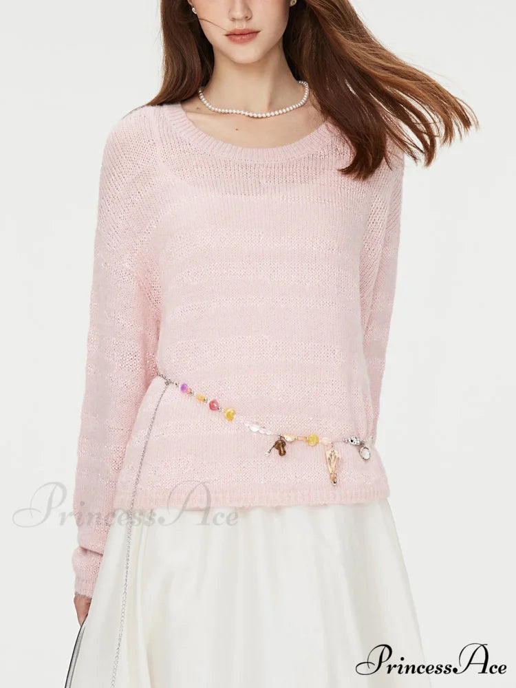 8.7% Wool Circular Neck Dropped Sleeve Pullover Pink / S swraters-241228