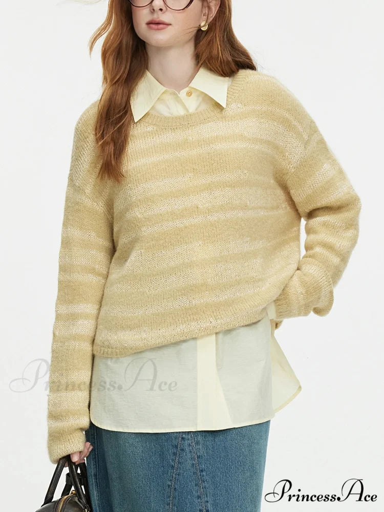 8.7% Wool Circular Neck Dropped Sleeve Pullover Yellow / S swraters-241228