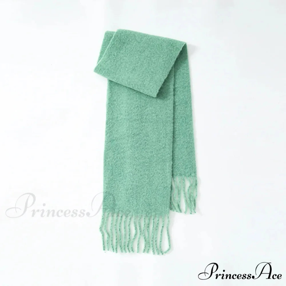 80% Wool Blend Solid Color Tassel Scarf for Women - Autumn Winter Collection Green