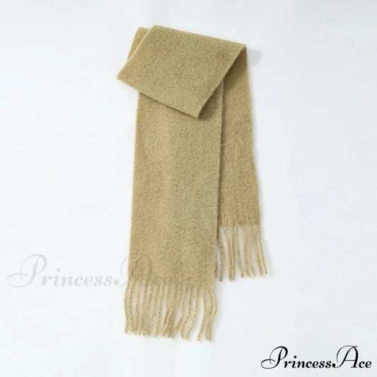 80% Wool Blend Solid Color Tassel Scarf for Women - Autumn Winter Collection Light khaki