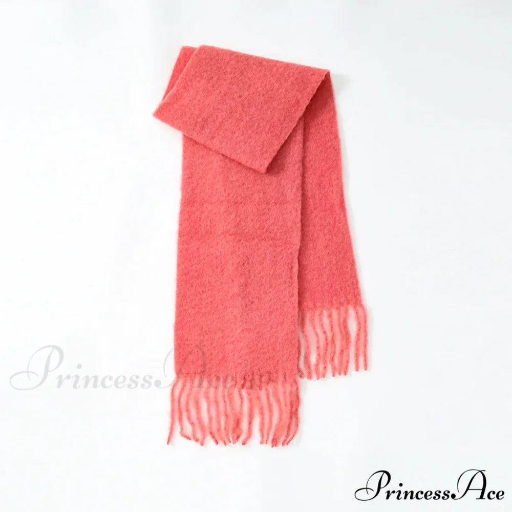 80% Wool Blend Solid Color Tassel Scarf for Women - Autumn Winter Collection Red pink