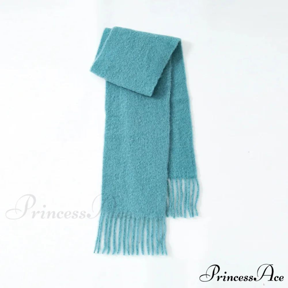 80% Wool Blend Solid Color Tassel Scarf for Women - Autumn Winter Collection Vintage blue
