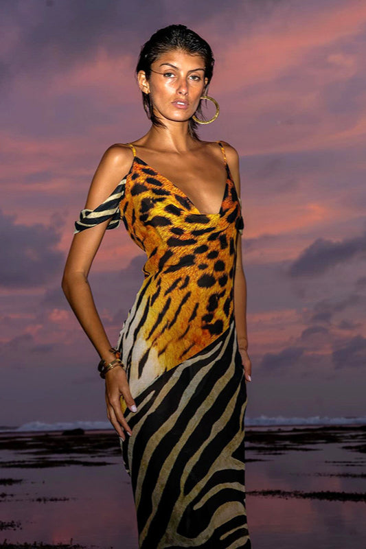Animal Print Cowl Neck Vacation Maxi Dress