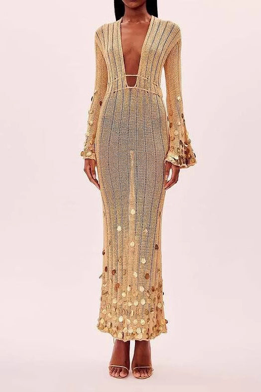 V Neck Belted Sequin Knit Maxi Dress