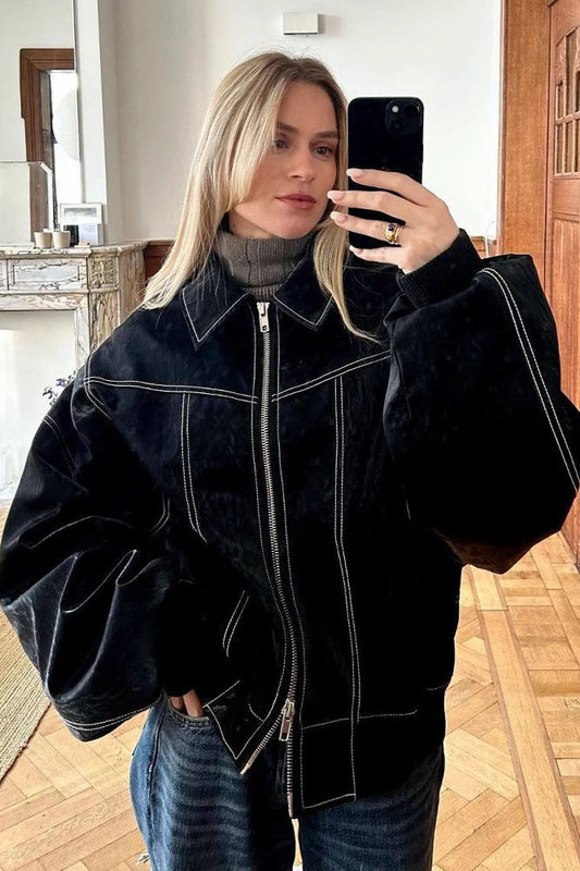 Oversized Vintage Faux-Leather Bomber Jacket