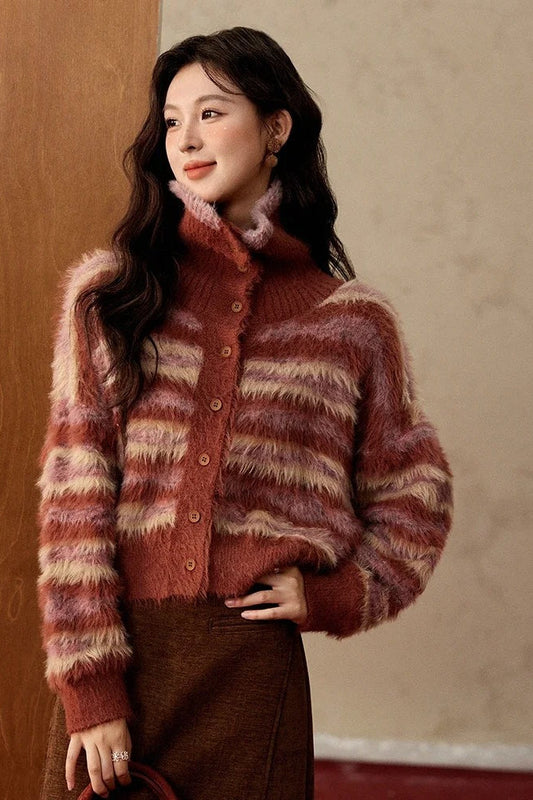 Contrast Color Vintage Striped Christmas Cardigan