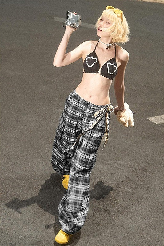Vintage Plaid Wide Leg Cargo Pants