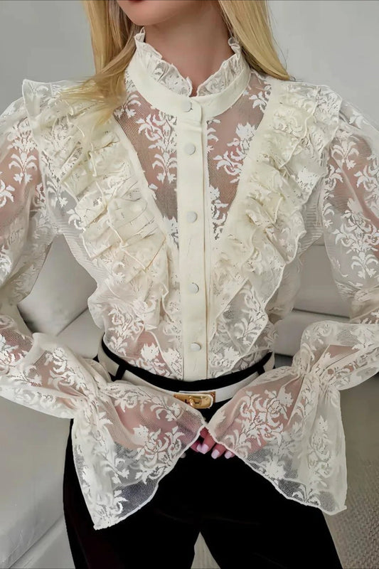 Ruffle Trim Sheer Lace Blouse