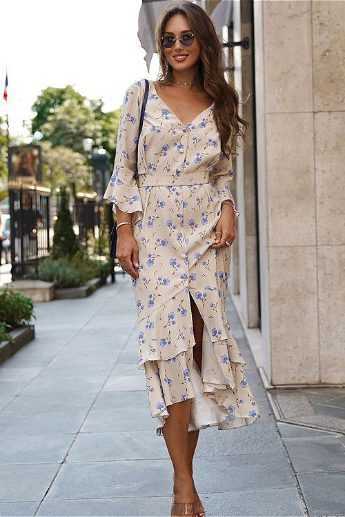 Asymmetric Ruffled Sleeve High Waist Floral Dress