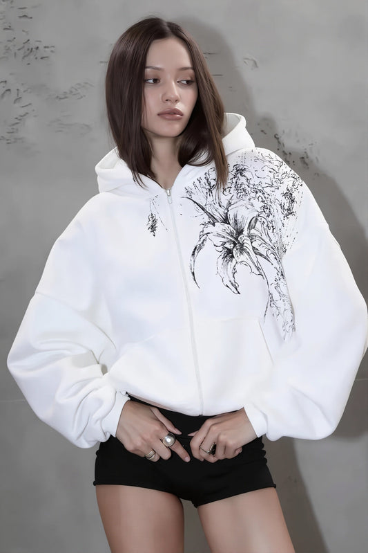 Floral Print Fleece Zip Up Hoodie