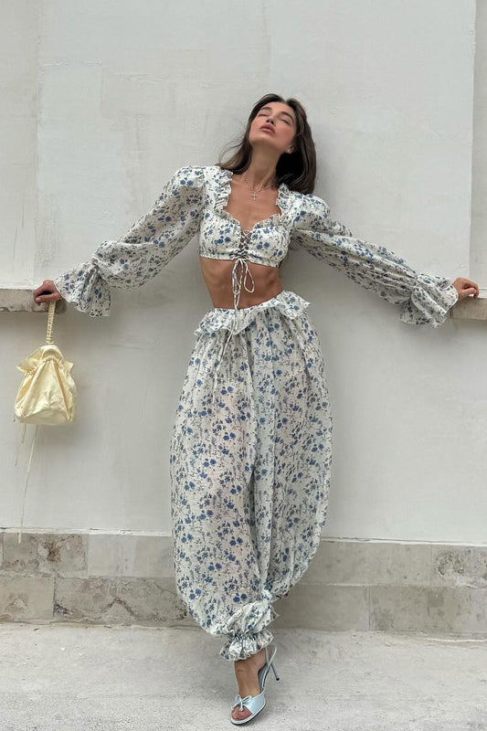Floral Tie Front Square Neck Ruffled Cropped Top Low Waist Jogger Pants Two Piece Set