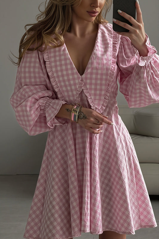 Plaid Bow Collar Ruffle Sleeve Mini Dress