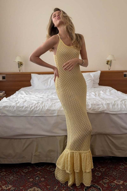 Boho Ruffle Knit Sexy Cutout Sheer Cami Maxi Dress