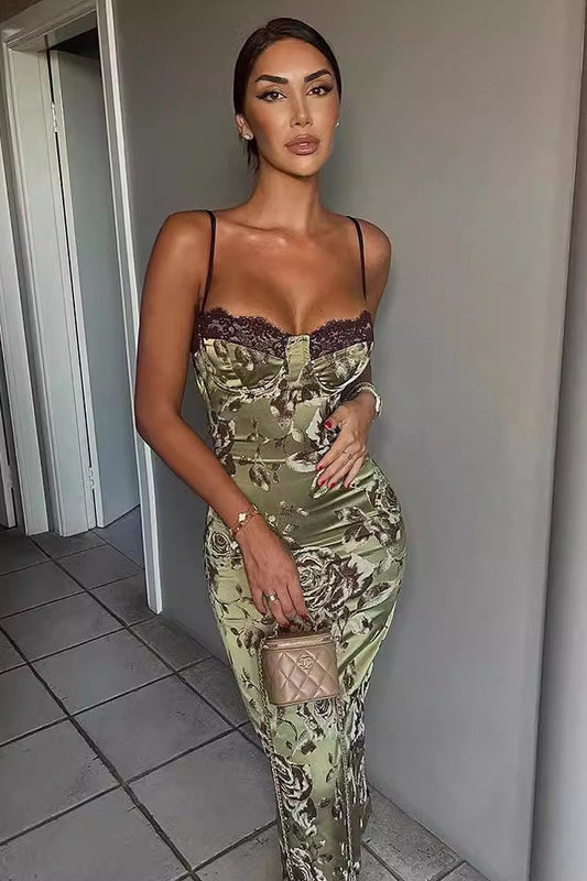 Lace Color Block Printed Slit Bodycon Maxi Dress