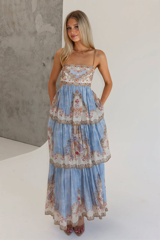 Embroidered Tiered Backless Maxi Dress