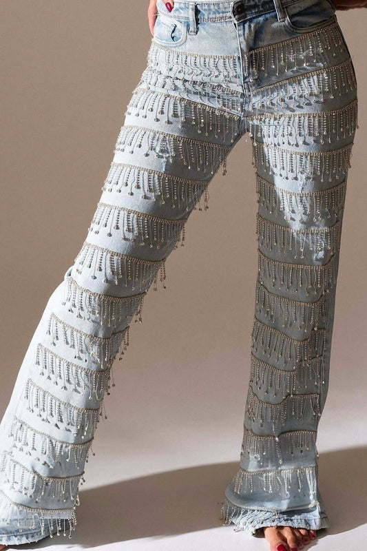 Rhinestone Tassel Straight Leg Jeans