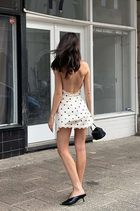 Polka Dot Lace Trim Halter V Neck Mini Dress