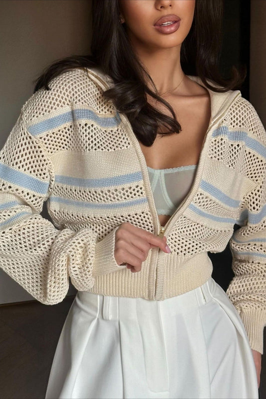 Colorblock Stripe Zip Collar Cutout Longsleeve Hoodie