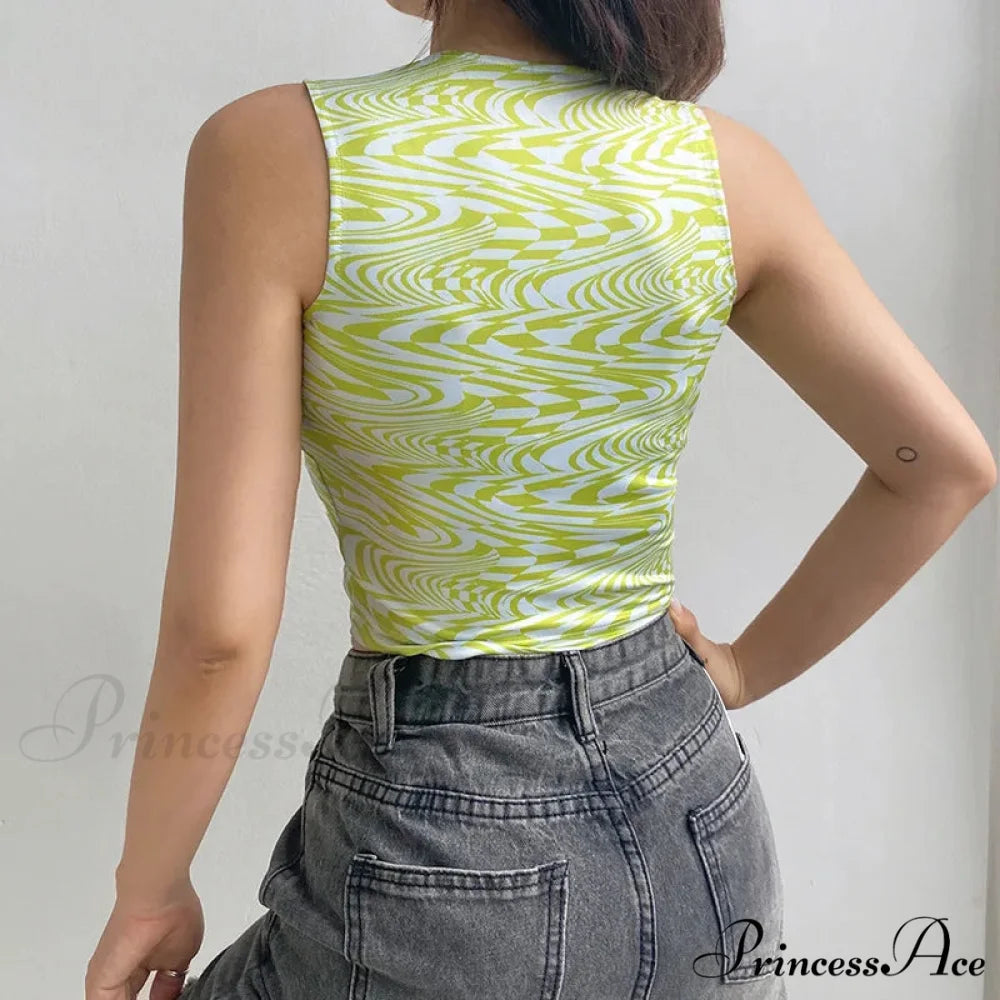 90s Aesthetics Striped Print Crops Summer Streetwear Sleeveless O-neck Green Baby Women 2024 Vests Tank top