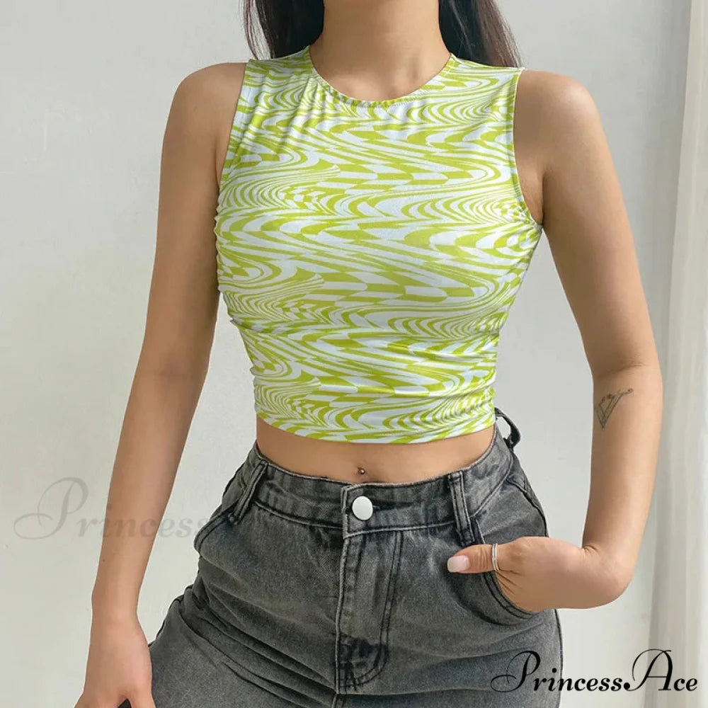 90s Aesthetics Striped Print Crops Summer Streetwear Sleeveless O-neck Green Baby Women 2024 Vests Tank top