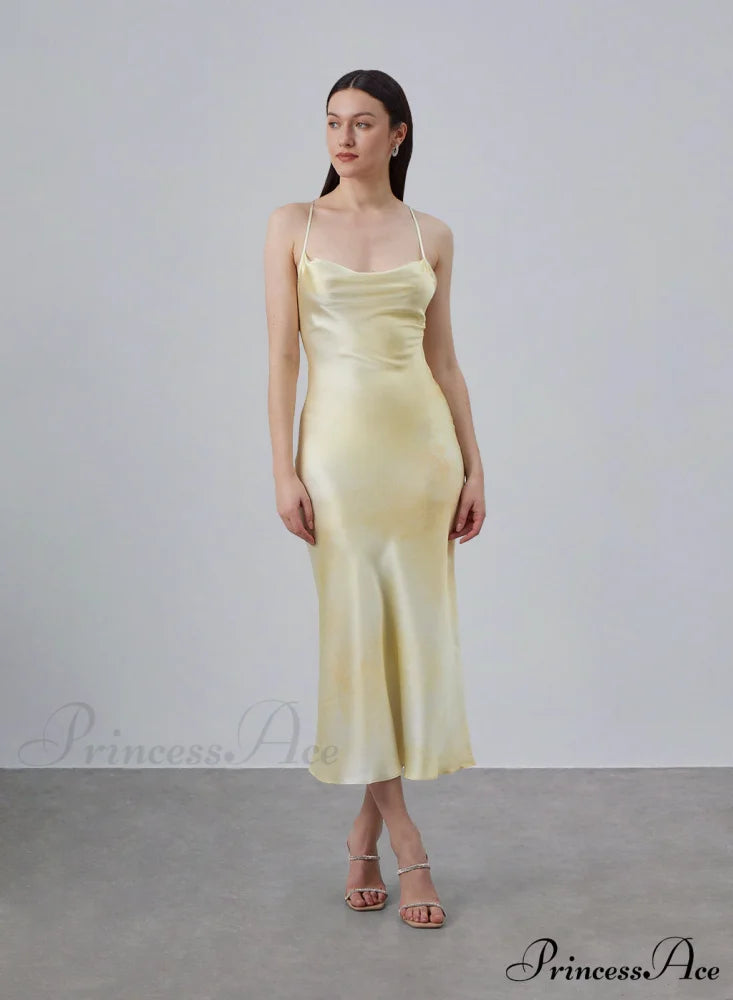 90s Forever Cowl Neck Graceful Maxi Silk Slip Dress 4 Days / 2 / XS / Yellow