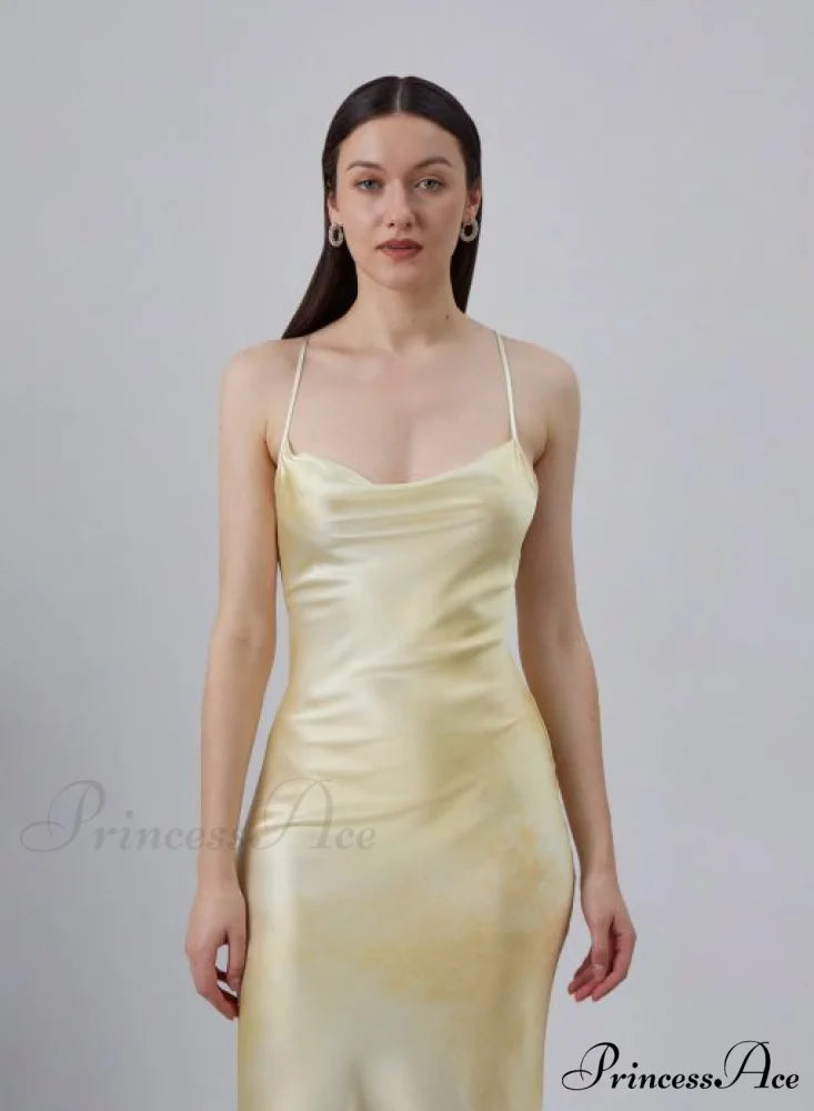 90s Forever Cowl Neck Graceful Maxi Silk Slip Dress 8 Days / 2 / XS / Yellow
