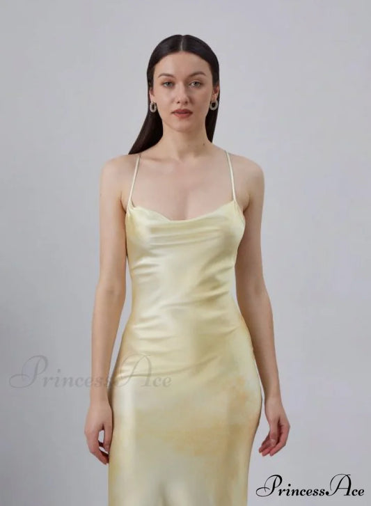 90s Forever Cowl Neck Graceful Maxi Silk Slip Dress 8 Days / 2 / XS / Yellow