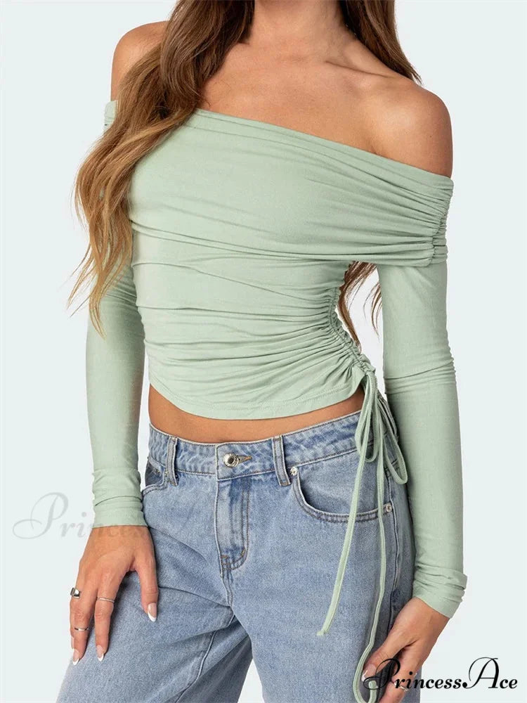 90s Off Shoulder Long Sleeve Slim FitRetro Ruched Tie Up T-Shirts GREEN / S