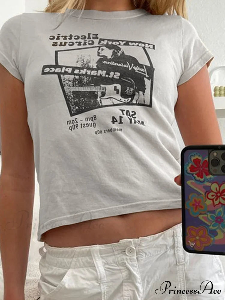 90s Short Sleeve Trendy Crop Blouse - Black White / ONE SIZE