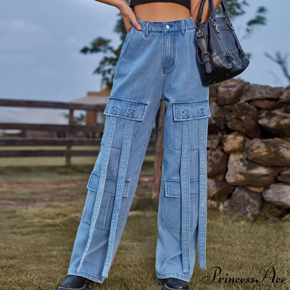 90s Streetwear Blue Cargo Casual Big Pockets Overalls High Waist Straight Denim Jean Blue / S