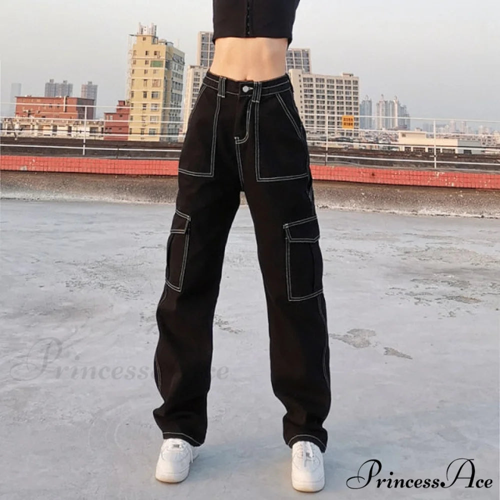 90s Women Waist Low Cargo Wide Pants Straight Jeans Baggy Y2K Denim Pockets Brown Leg Streetwear Vintage Trousers Black