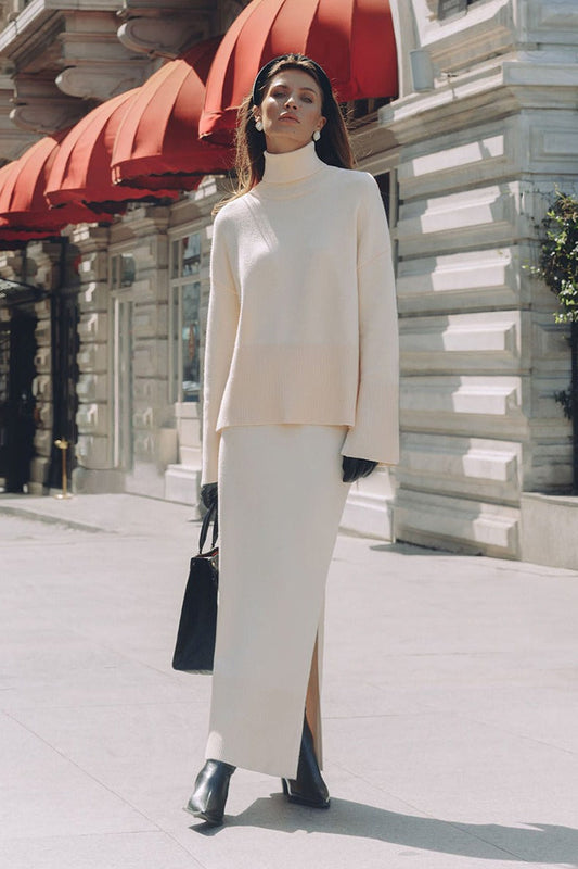 Relaxed Knit Sweater Slit Maxi Skirt Set