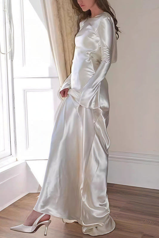 Satin Solid Crew Neck Backless Mermaid Elegant Maxi Dress