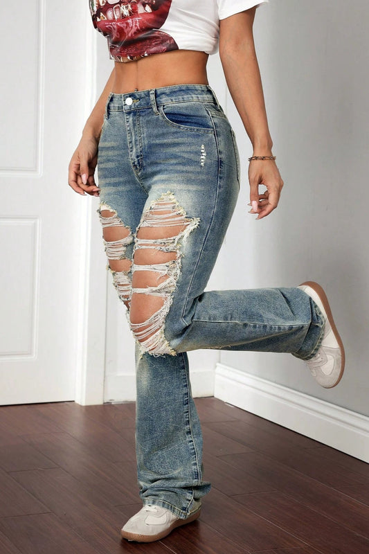 Low Rise Distressed Ripped Raw Hem Bootcut Jeans