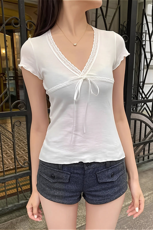 Solid Casual Lace Trim Tie T-Shirt