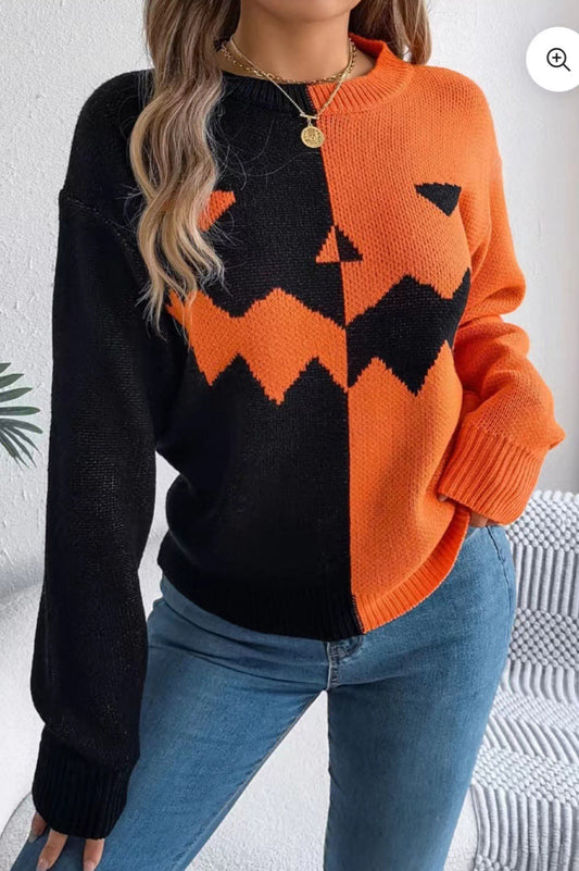 Halloween Ghost Pumpkin Colorblock Sweater