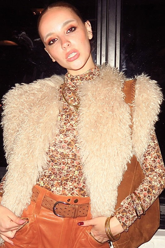 Halter Cut Out Back Shearling Collar Vest