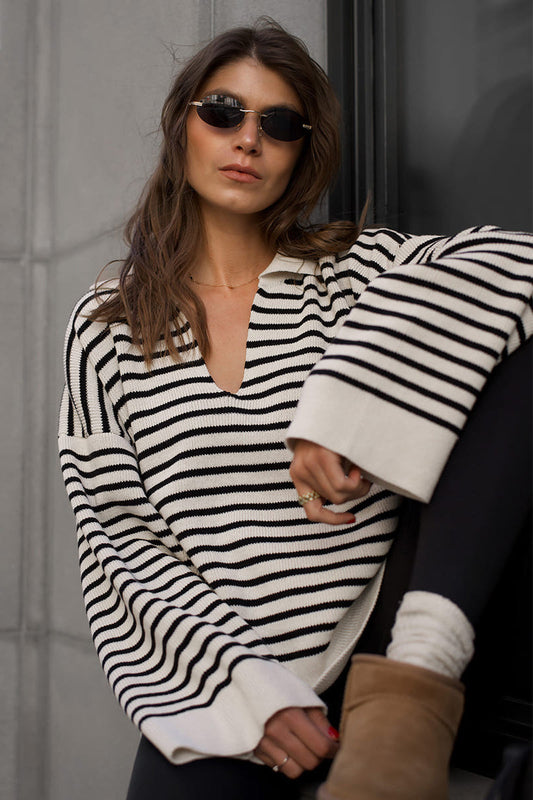 Striped Polo Neck Loose Fit Knit Sweater