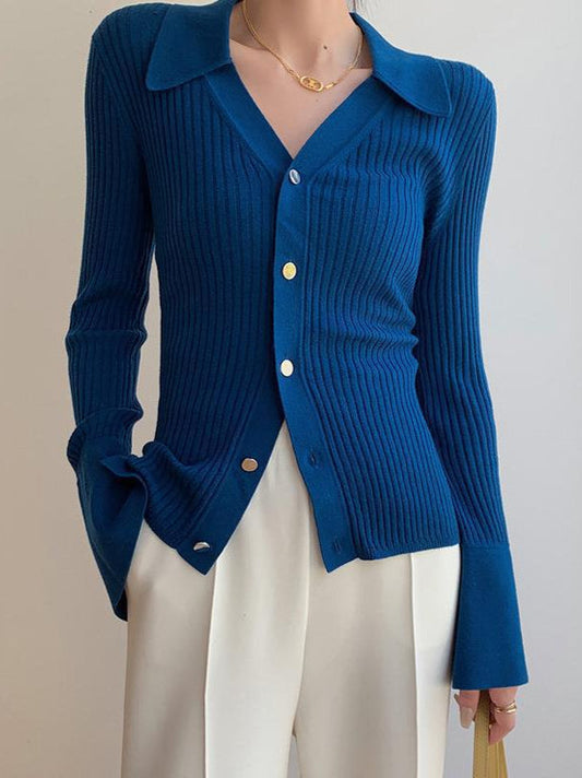 Blue V-Neck Knit Cardigan
