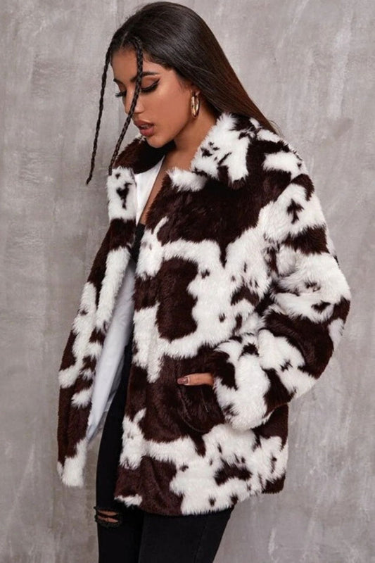 Black and White Faux Fur Cow Print Coat
