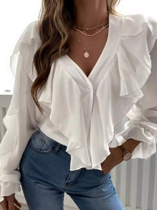 Ruffled V-Neck Long Sleeve Blouse